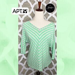 Apt. 9 Green & Gray Striped Dolman 3/4 Sleeve V-Neck Blouse Size M